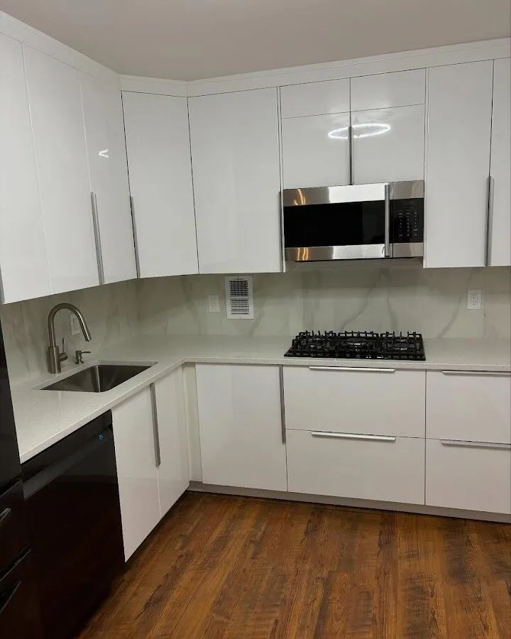 Restored kitchen with white cabinets after water damage in Bloomingdale